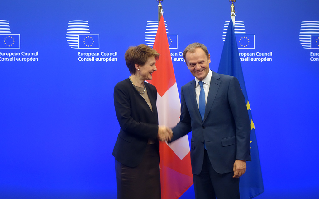 Bundespräsidentin Simonetta Sommaruga mit EU-Ratspräsident Donald Tusk