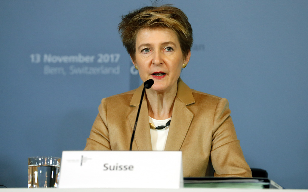 Swiss Federal Councillor Simonetta Sommaruga speaks at the Press Conference