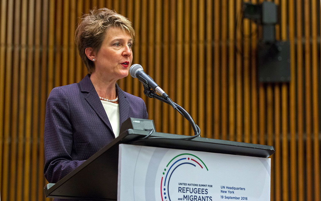 Bundesrätin Simonetta Sommaruga spricht an der Plenarsitzung des UNO-Gipfels für Flüchtlinge und Migranten