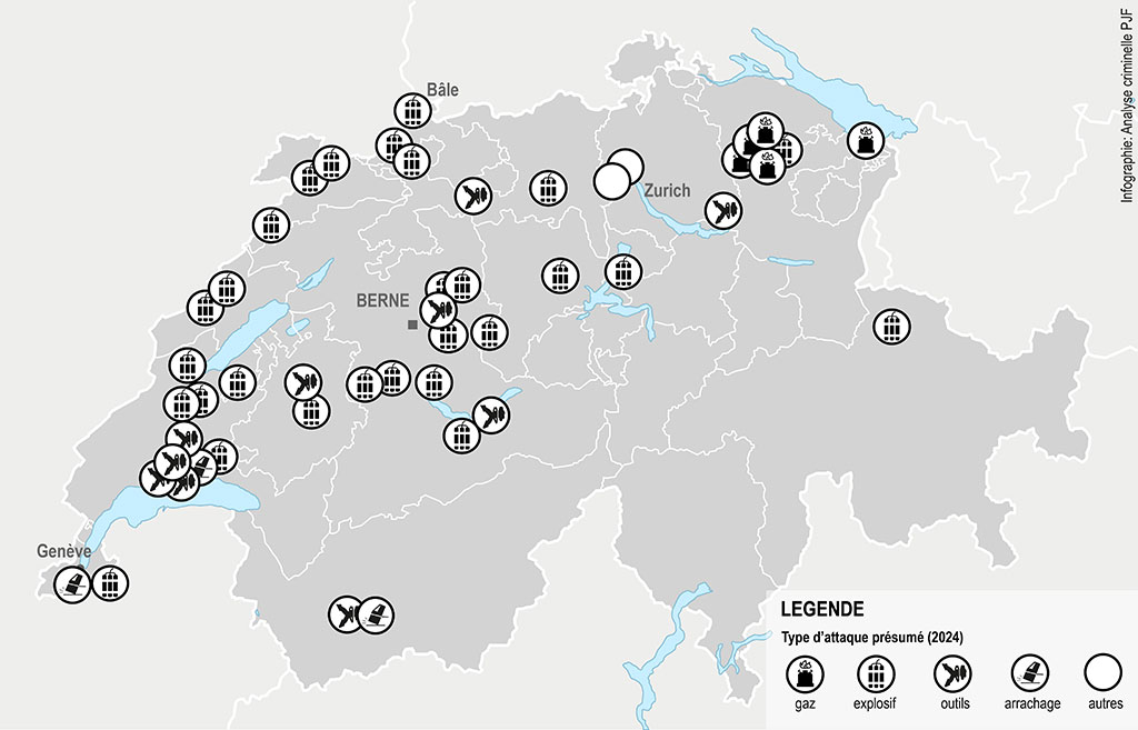 Infographie: Carte de la Suisse - attaques de bancomats. Type d'attaque présume (gaz, explosif, outils, arrachage)