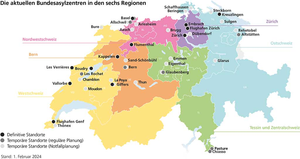 Karte der Schweiz mit den aktuellen Bundesasylzentren in den sechs Regionen
