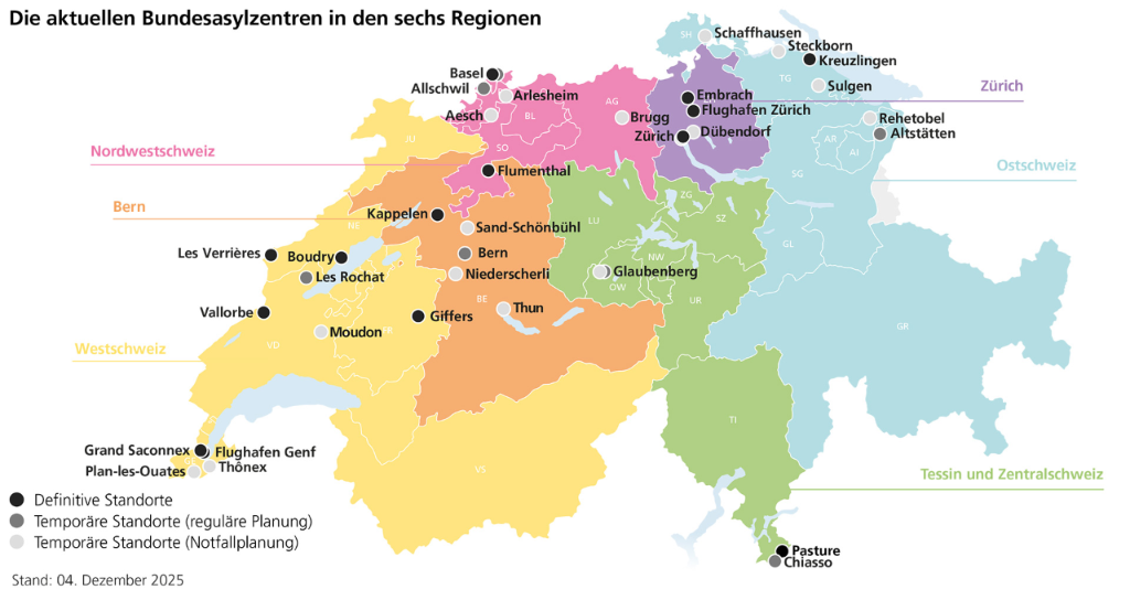 Karte der Schweiz mit den aktuellen Bundesasylzentren in den sechs Regionen